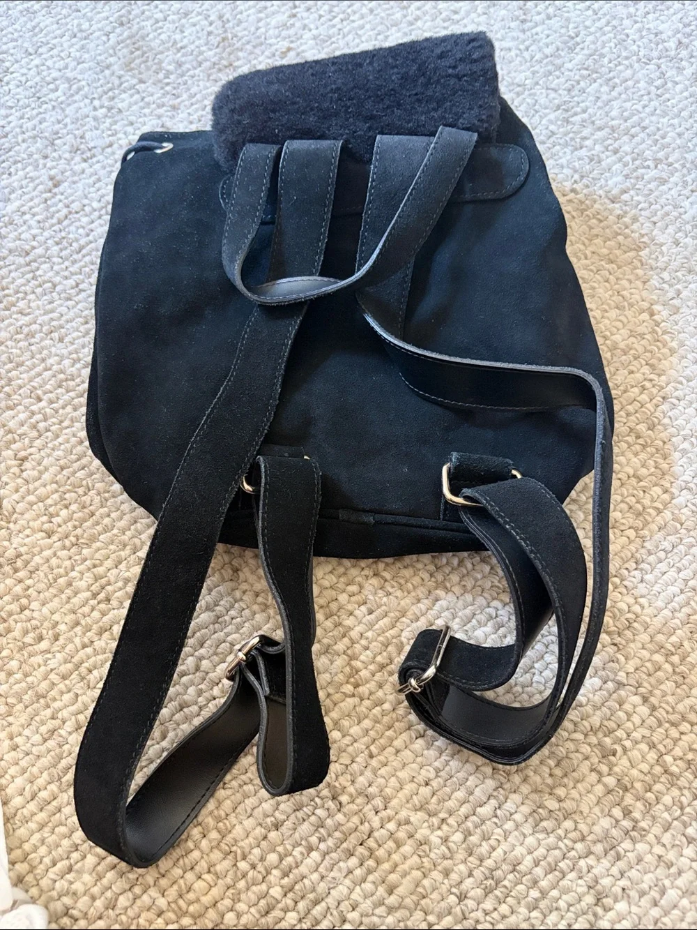 UGG Black Suede Backpack with Black Shearling Flap